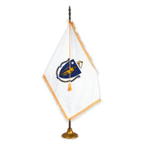 Massachusetts deluxe oak indoor flag set with gold fringe on metal stand