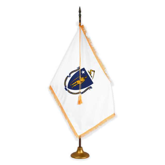 Massachusetts deluxe oak indoor flag set with gold fringe on metal stand