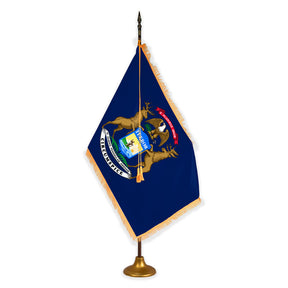 Michigan deluxe oak indoor flag set with gold fringe on metal stand