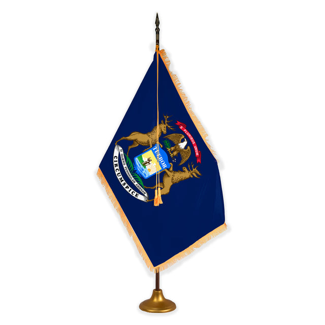 Michigan deluxe oak indoor flag set with gold fringe on metal stand
