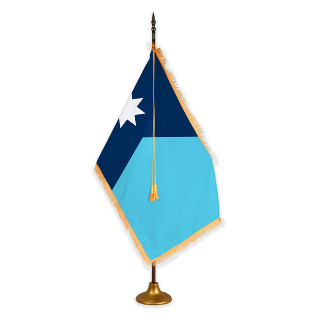 Minnesota deluxe oak indoor flag set with gold fringe on metal stand