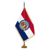 Missouri deluxe oak indoor flag set with gold fringe on metal stand