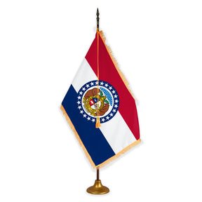 Missouri deluxe oak indoor flag set with gold fringe on metal stand