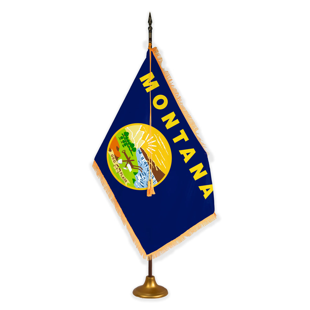 Montana deluxe oak indoor flag set with gold fringe on metal stand