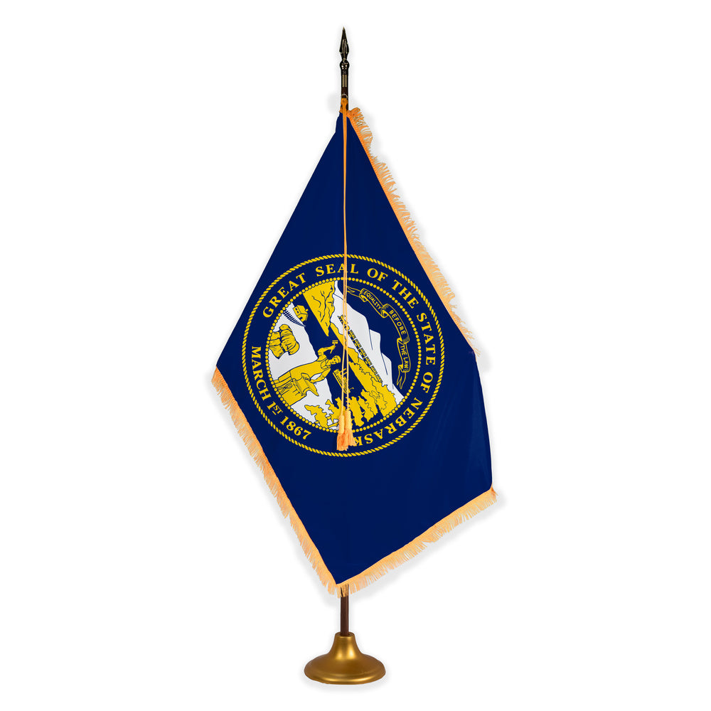 Nebraska deluxe oak indoor flag set with gold fringe on metal stand