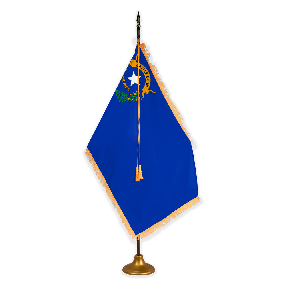 Nevada deluxe oak indoor flag set with gold fringe on metal stand
