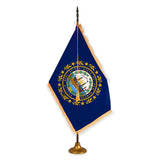 New Hampshire deluxe oak indoor flag set with gold fringe on metal stand
