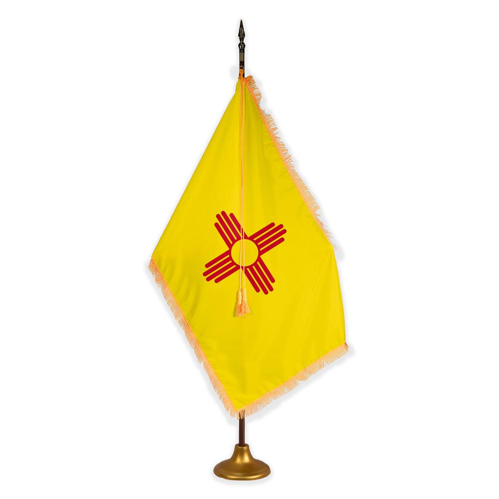 New Mexico deluxe oak indoor flag set with gold fringe on metal stand