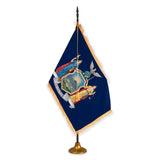 New York deluxe oak indoor flag set with gold fringe on metal stand