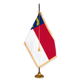 North Carolina deluxe oak indoor flag set with gold fringe on metal stand