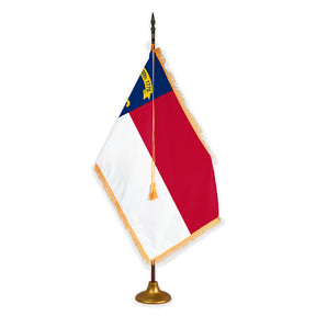 North Carolina deluxe oak indoor flag set with gold fringe on metal stand