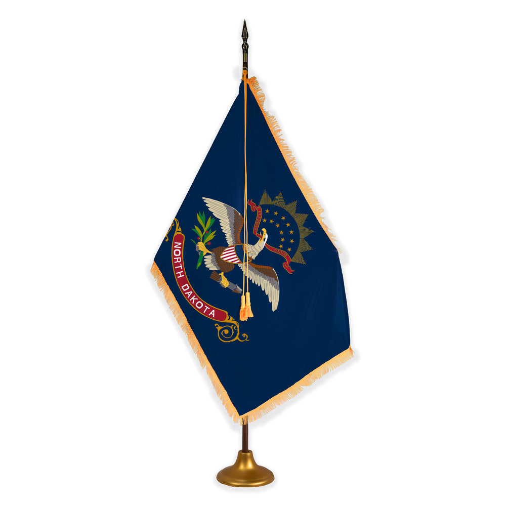 North Dakota deluxe oak indoor flag set with gold fringe on metal stand