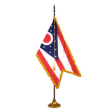 Ohio deluxe oak indoor flag set with gold fringe on metal stand