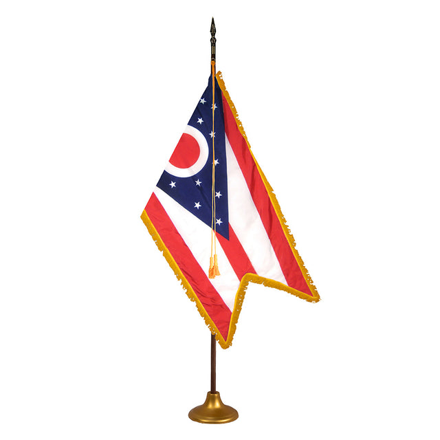 Ohio deluxe oak indoor flag set with gold fringe on metal stand