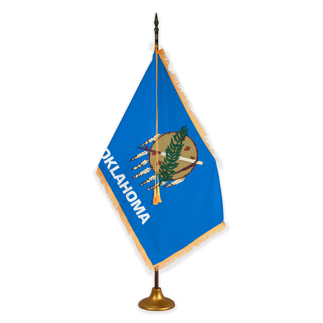 Oklahoma deluxe oak indoor flag set with gold fringe on metal stand
