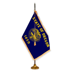 Oregon deluxe oak indoor flag set with gold fringe on metal stand