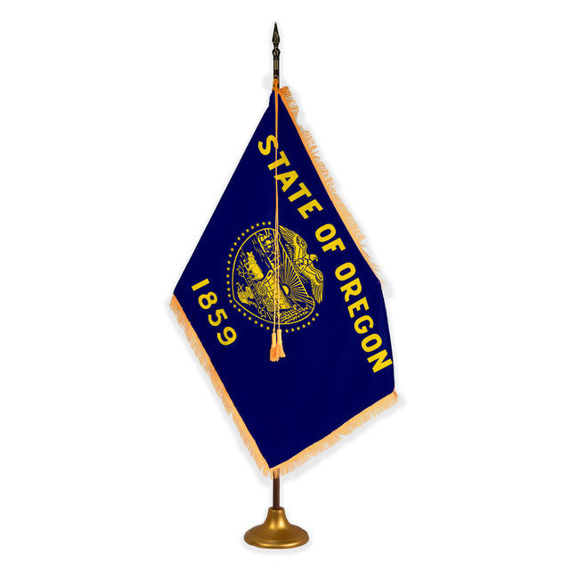 Oregon deluxe oak indoor flag set with gold fringe on metal stand