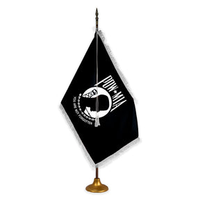 POW/MIA deluxe oak indoor flag set with white fringe on metal stand