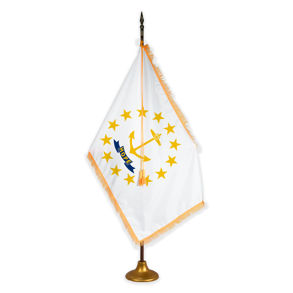 Rhode Island deluxe oak indoor flag set with gold fringe on metal stand