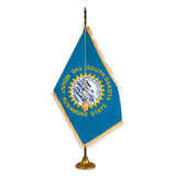 South Dakota deluxe oak indoor flag set with gold fringe on metal stand