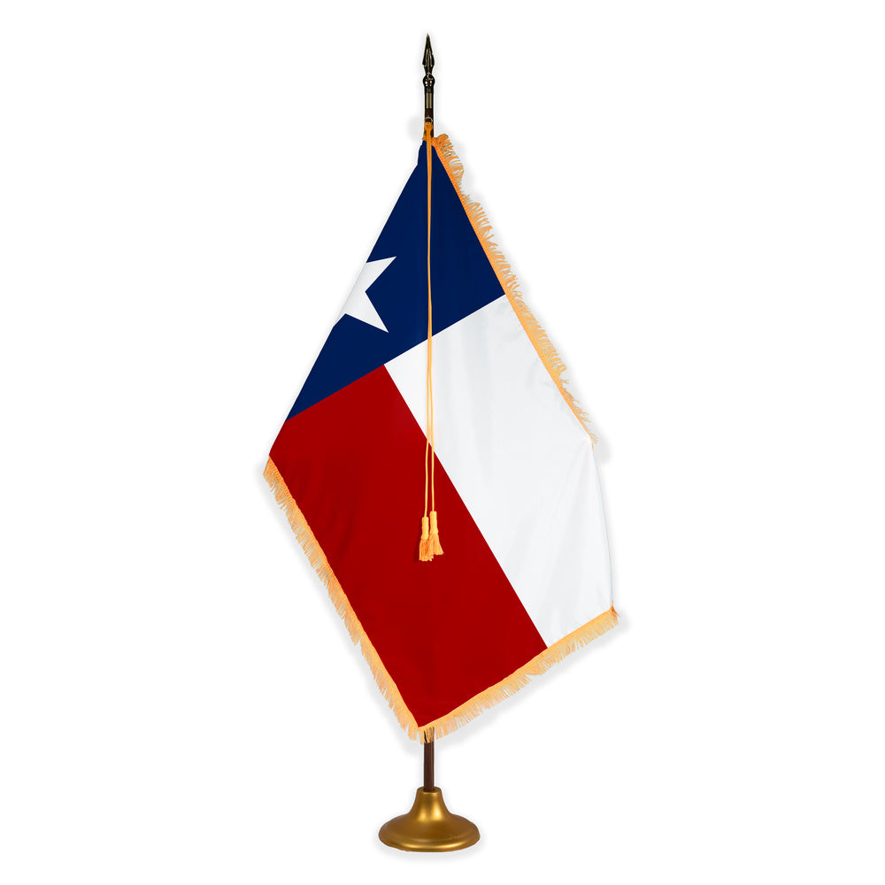 Texas deluxe oak indoor flag set with gold fringe on metal stand