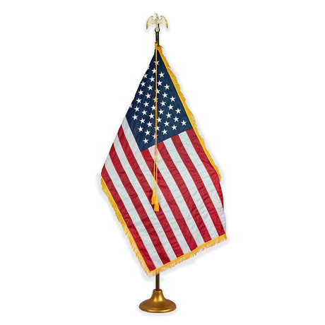 American flag deluxe oak indoor flag set with gold fringe on metal stand
