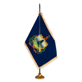 Vermont deluxe oak indoor flag set with gold fringe on metal stand