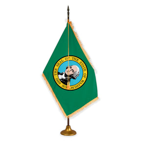Washington deluxe oak indoor flag set with gold fringe on metal stand