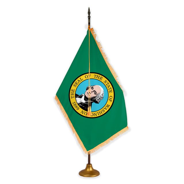 Washington deluxe oak indoor flag set with gold fringe on metal stand