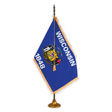Wisconsin deluxe oak indoor flag set with gold fringe on metal stand