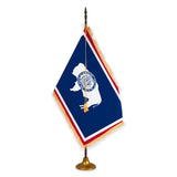 Wyoming deluxe oak indoor flag set with gold fringe on metal stand