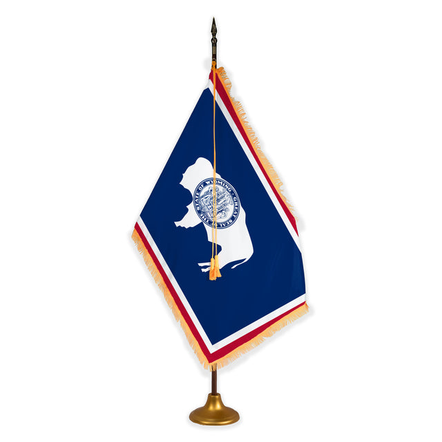 Wyoming deluxe oak indoor flag set with gold fringe on metal stand