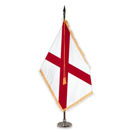 Alabama deluxe oak indoor flag set with gold fringe on plastic stand