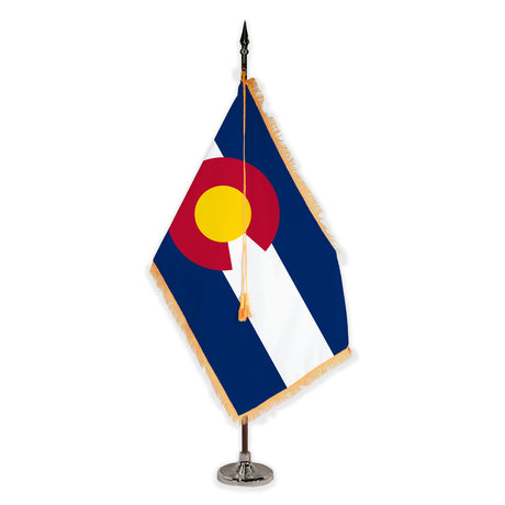 Colorado deluxe oak indoor flag set with gold fringe on plastic stand