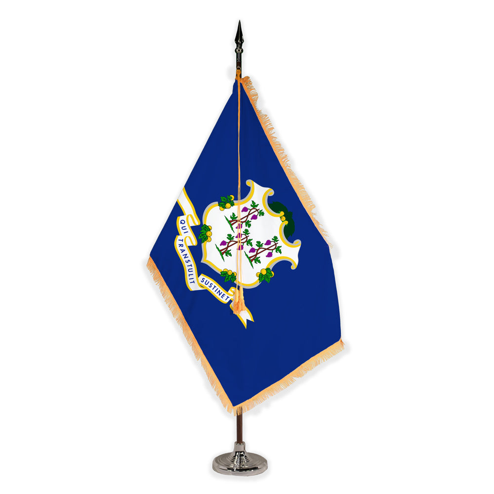 Connecticut deluxe oak indoor flag set with gold fringe on plastic stand