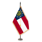 Georgia deluxe oak indoor flag set with gold fringe on plastic stand