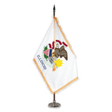 Illinois deluxe oak indoor flag set with gold fringe on plastic stand