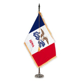 Iowa deluxe oak indoor flag set with gold fringe on plastic stand