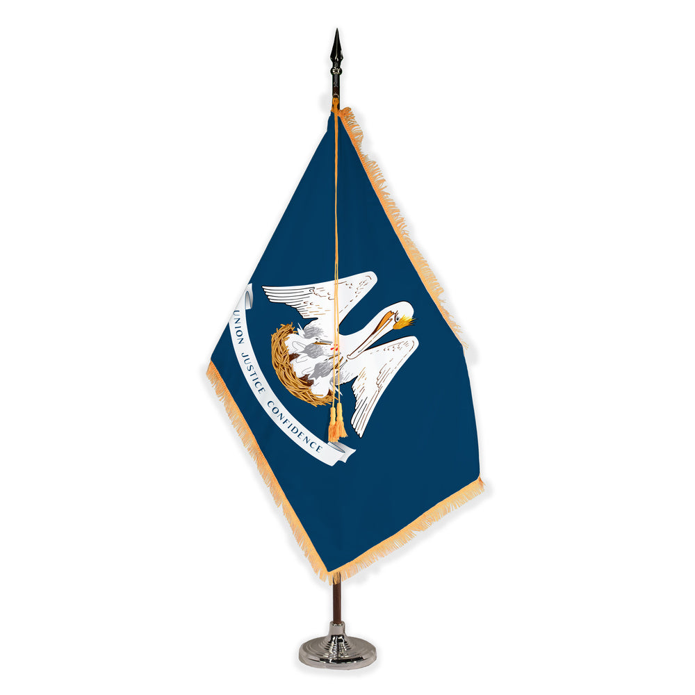 Louisiana deluxe oak indoor flag set with gold fringe on plastic stand