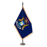 Michigan deluxe oak indoor flag set with gold fringe on plastic stand