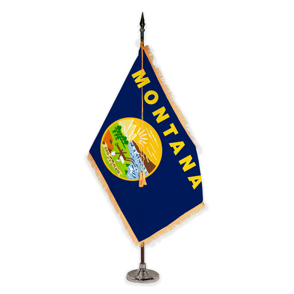 Montana deluxe oak indoor flag set with gold fringe on plastic stand