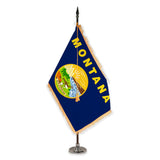 Montana deluxe oak indoor flag set with gold fringe on plastic stand