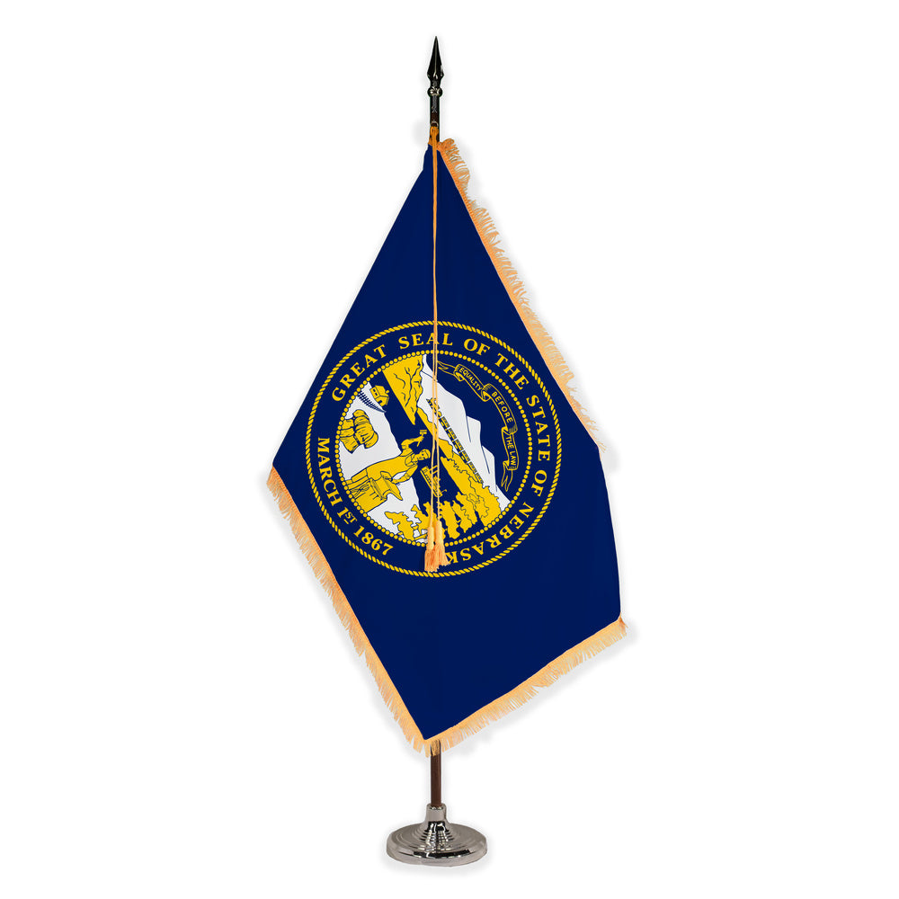Nebraska deluxe oak indoor flag set with gold fringe on plastic stand