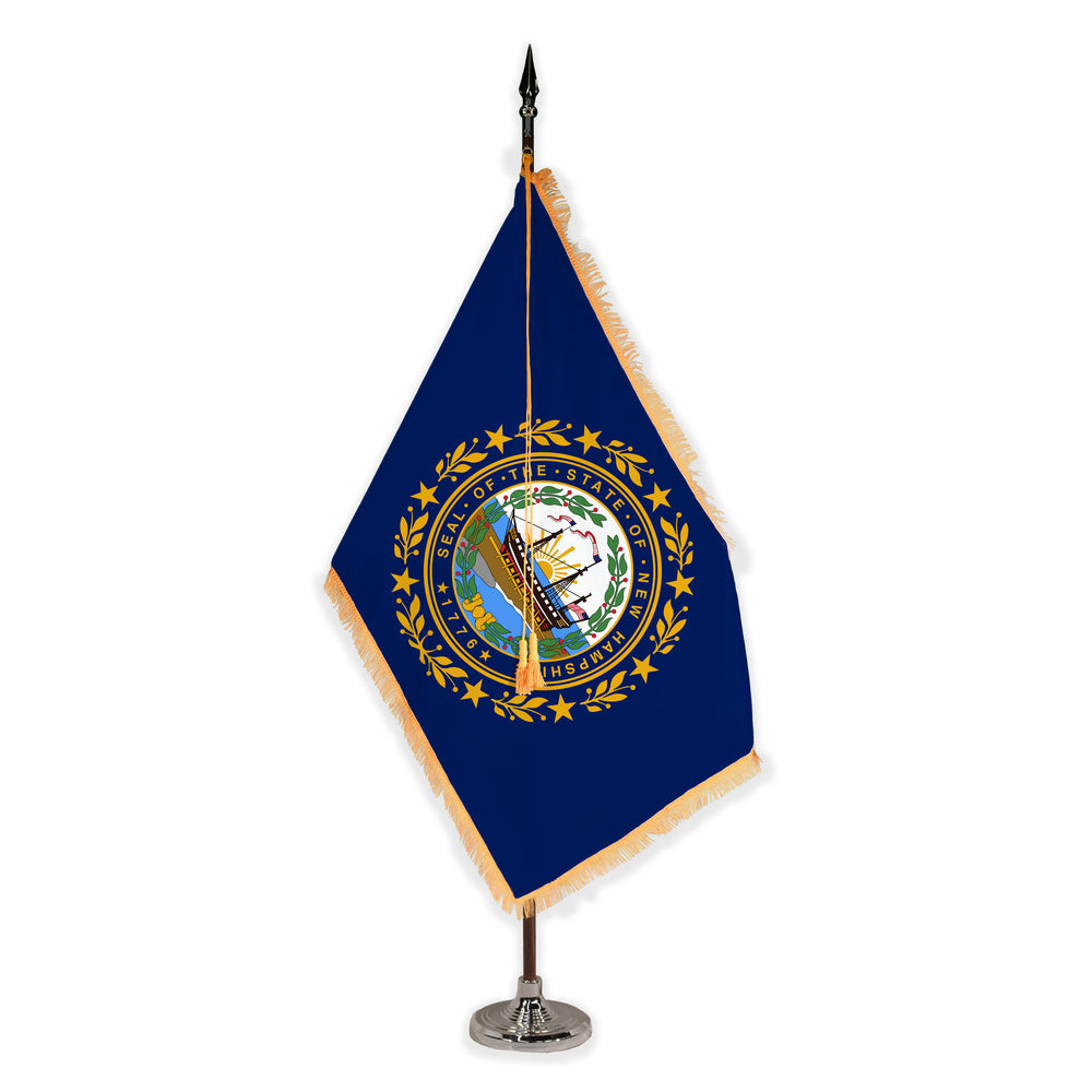 New Hampshire deluxe oak indoor flag set with gold fringe on plastic stand