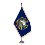 New Hampshire deluxe oak indoor flag set with gold fringe on plastic stand