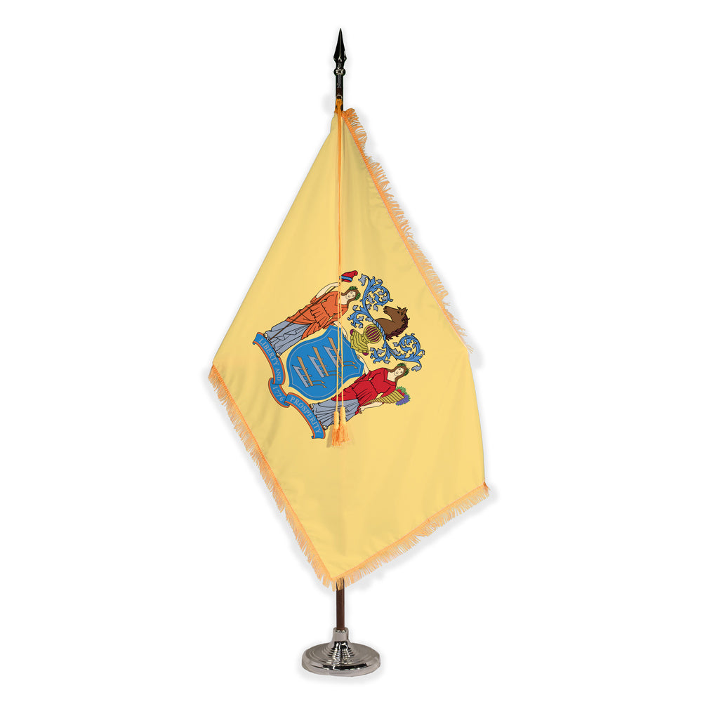 New Jersey deluxe oak indoor flag set with gold fringe on plastic stand