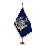New York deluxe oak indoor flag set with gold fringe on plastic stand