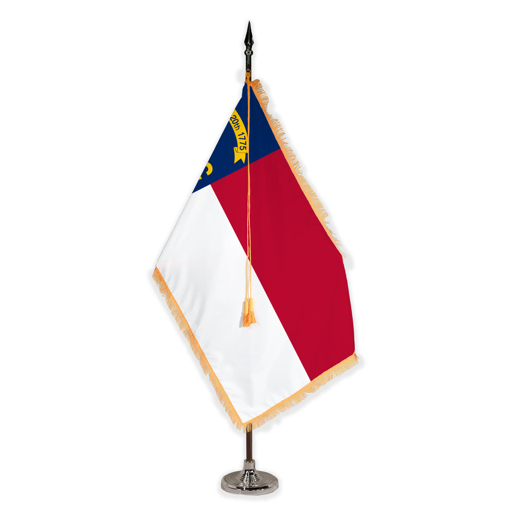 North Carolina deluxe oak indoor flag set with gold fringe on plastic stand