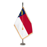 North Carolina deluxe oak indoor flag set with gold fringe on plastic stand