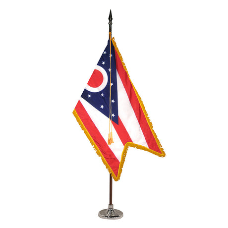 Ohio deluxe oak indoor flag set with gold fringe on plastic stand